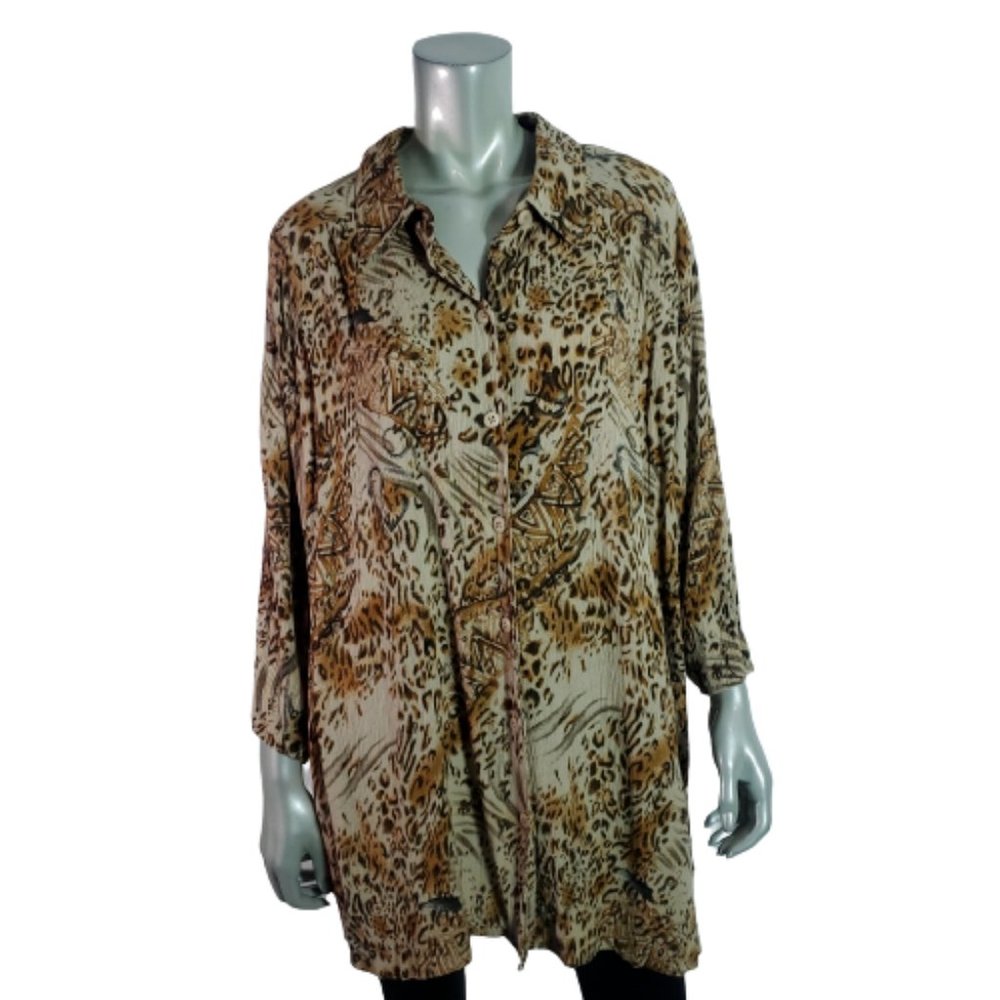 Fashion‎ Bug Top Plus Size 30/32 Leopard Print Crinkle Button Up Collared Brown